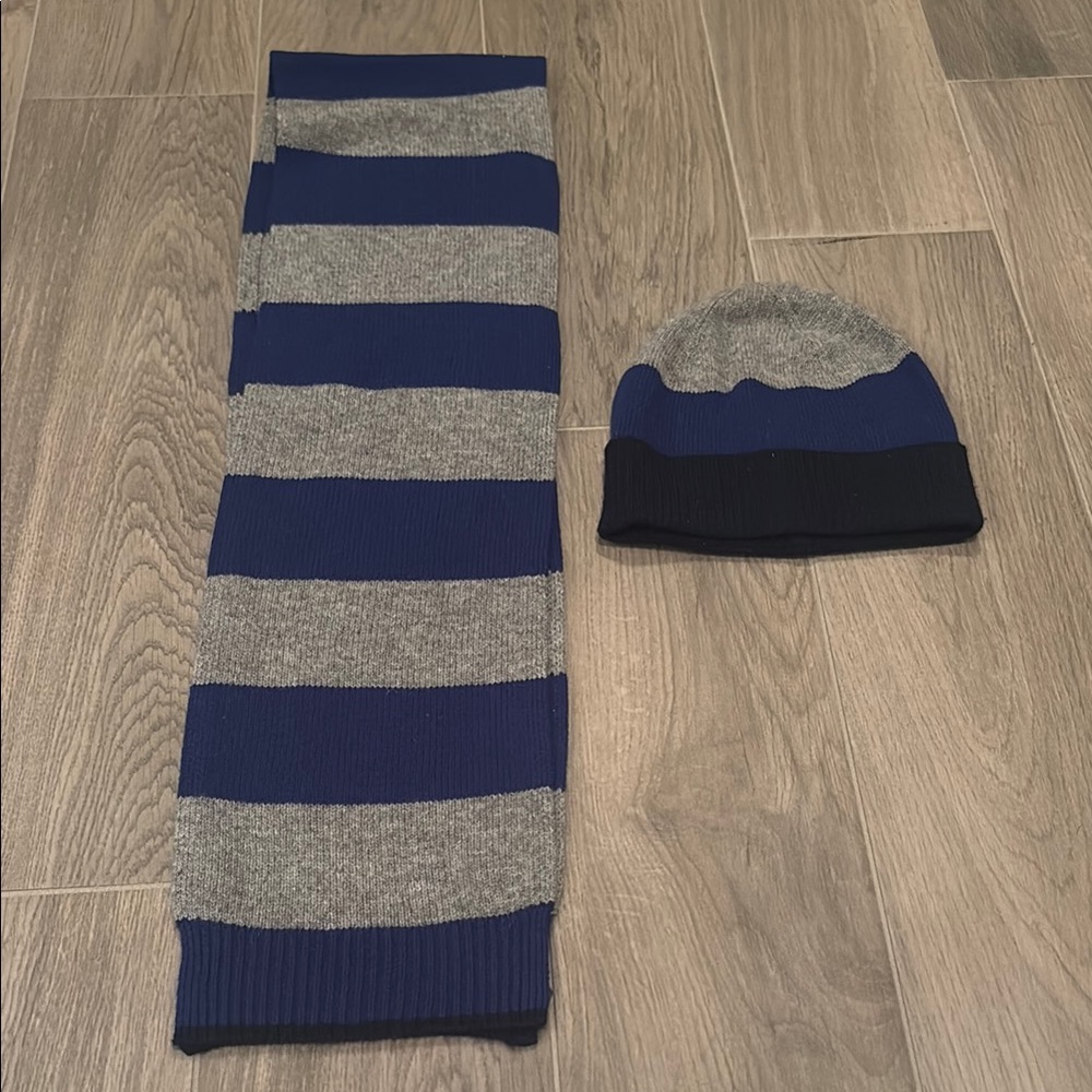 CrewCuts Striped Blue and Gray Kids Scarf and Beanie Set Size L/XL